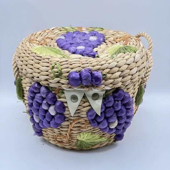 Vintage‎ Wicker Purple Grapes Basket Handbag Made In Philippines - Picture 5 of 12